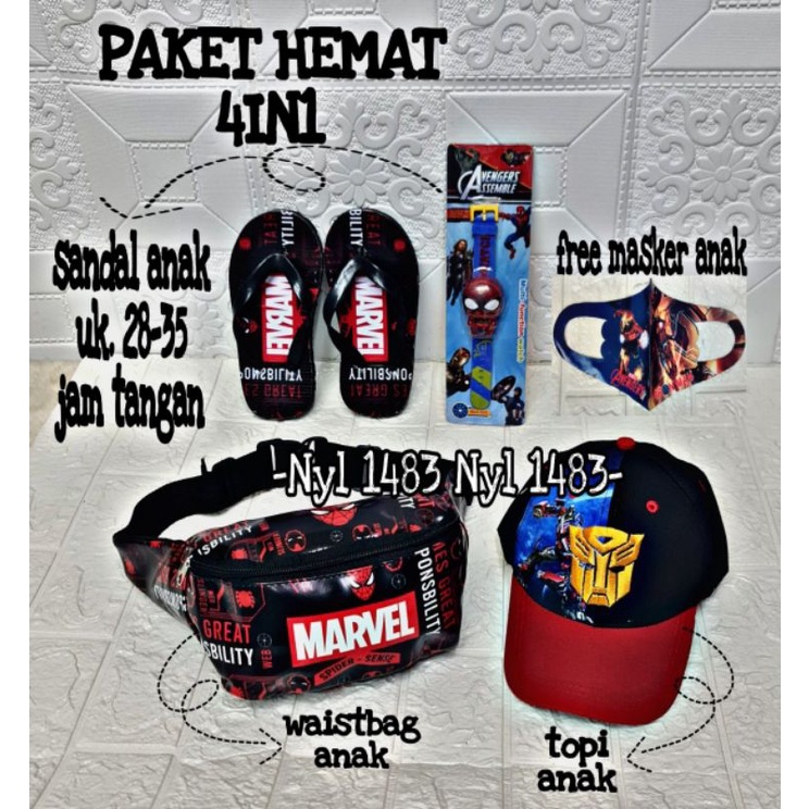 Real pict | Paket hemat 4in1 tas waistbag anak karakter superhero / free topi/ sandal/ jam tanga / masker