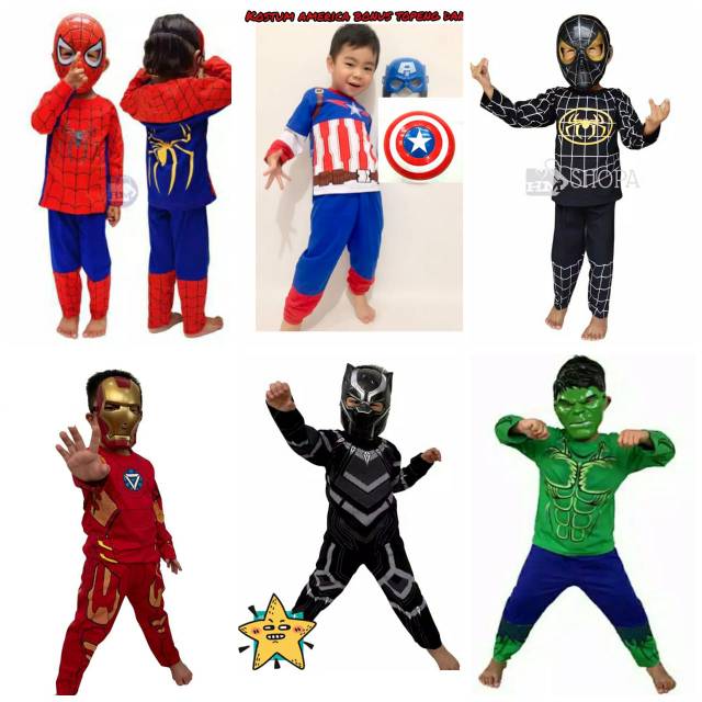 Kostum baju anak setelan 2-10 tahun superhero captain spiderman hulk iron venom gratis topeng