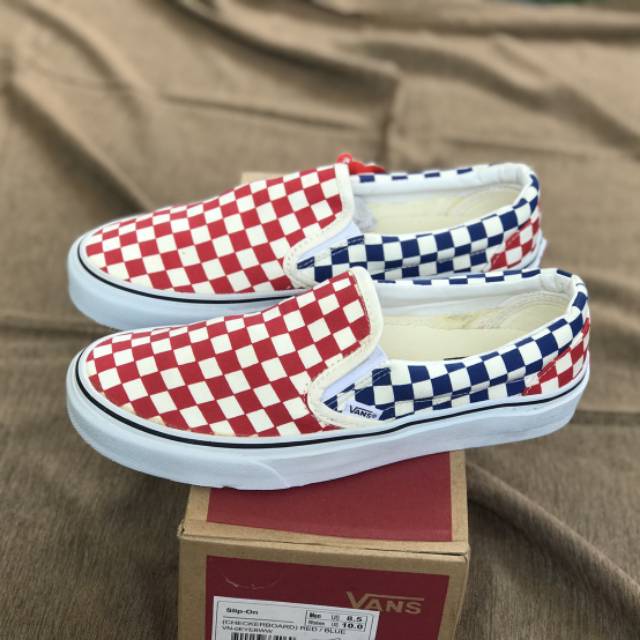 VANS SLIP ON PREMIUM CHECKERBOARD RED BLUE WAFFLE DT