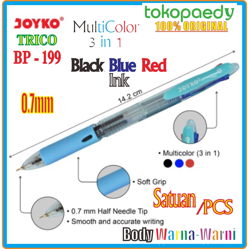 

[SATUAN] JOYKO Pulpen BP 199 TRICO /3Colors - Black Blue Red /0,7mm - Per PCS (1 Buah)/ Joyko BP-199