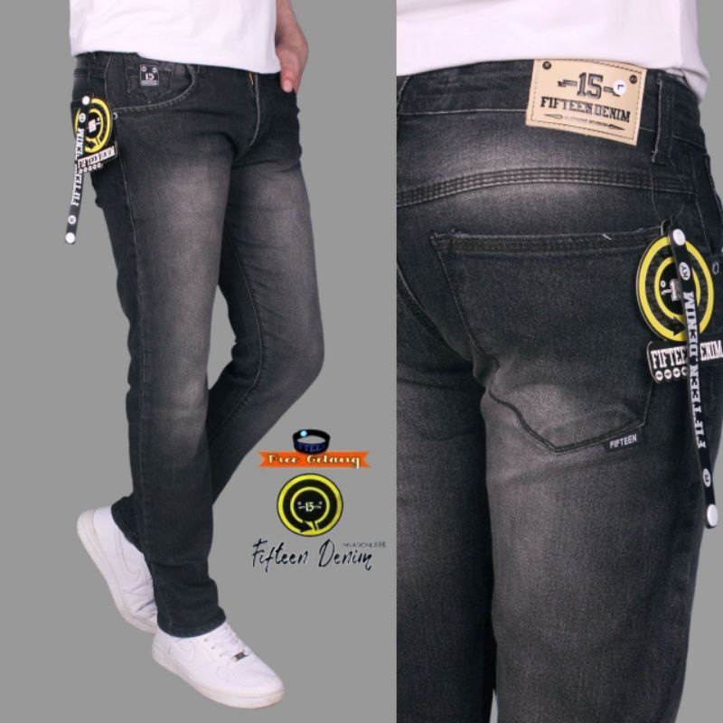 Celana Pria Jeans Premium Original Fifteen Denim Plain Black Jeans Strech Karet Ngaret