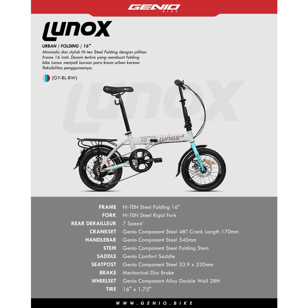 Sepeda Lipat Genio Folding Lunox 1.0 size by United SNI Garansi Resmi COD bisa Kredit 16 dan 20 inch-Grey Blue Brown