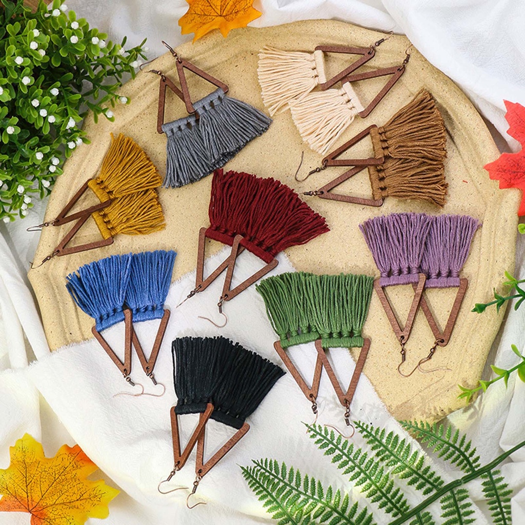 Hu Hu Hu Hu Hu Alat Bantu Pasang Kacamata♡ 1 Pasang Anting Kait Gantung Wanita Bahan Kayu Bentuk Segitiga Aksen Rumbai Benang Katun Gaya Etnik Bohemian
