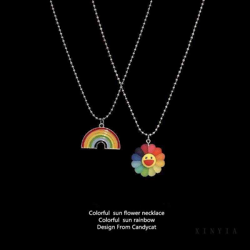 Harajuku Pasangan Jepang Kalung Rainbow Sun Flower Smiley Retro Pendant