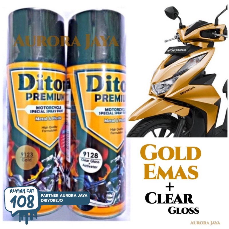 

Paket Diton Premium Gold 9123 + Clear 9128 / Cat Emas Mengkilap 400ml Vernis Gloss Pilok Mas Pilox Pylox