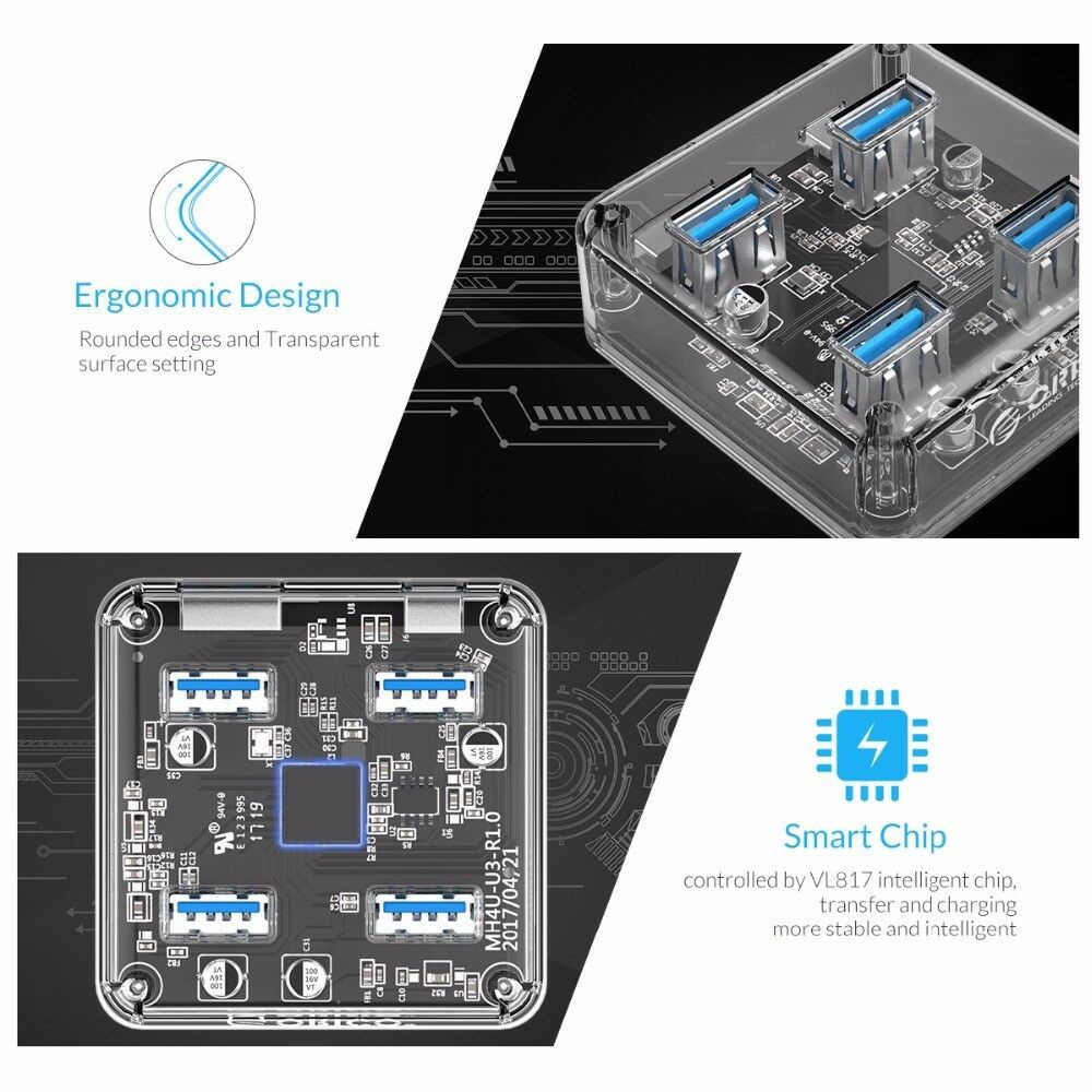 Usb Hub 3.0 orico 4 Port Transparent 5Gbps 1m cable with Micro usb Pd mh4u-u3-10 - Terminal usb3.0