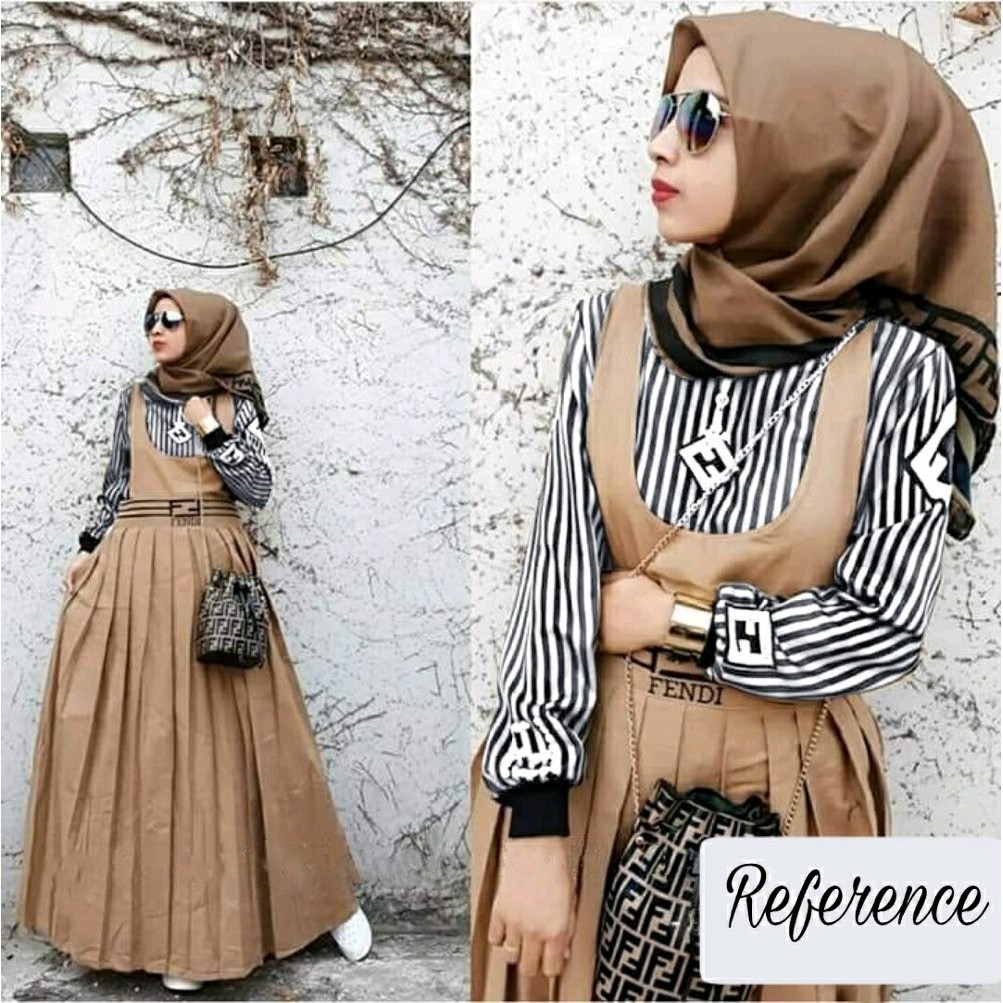 GMB SET FENDII OVERAL 2in1 baju muslim wanita trendi murah modis elegan Matt overall katun L hitam