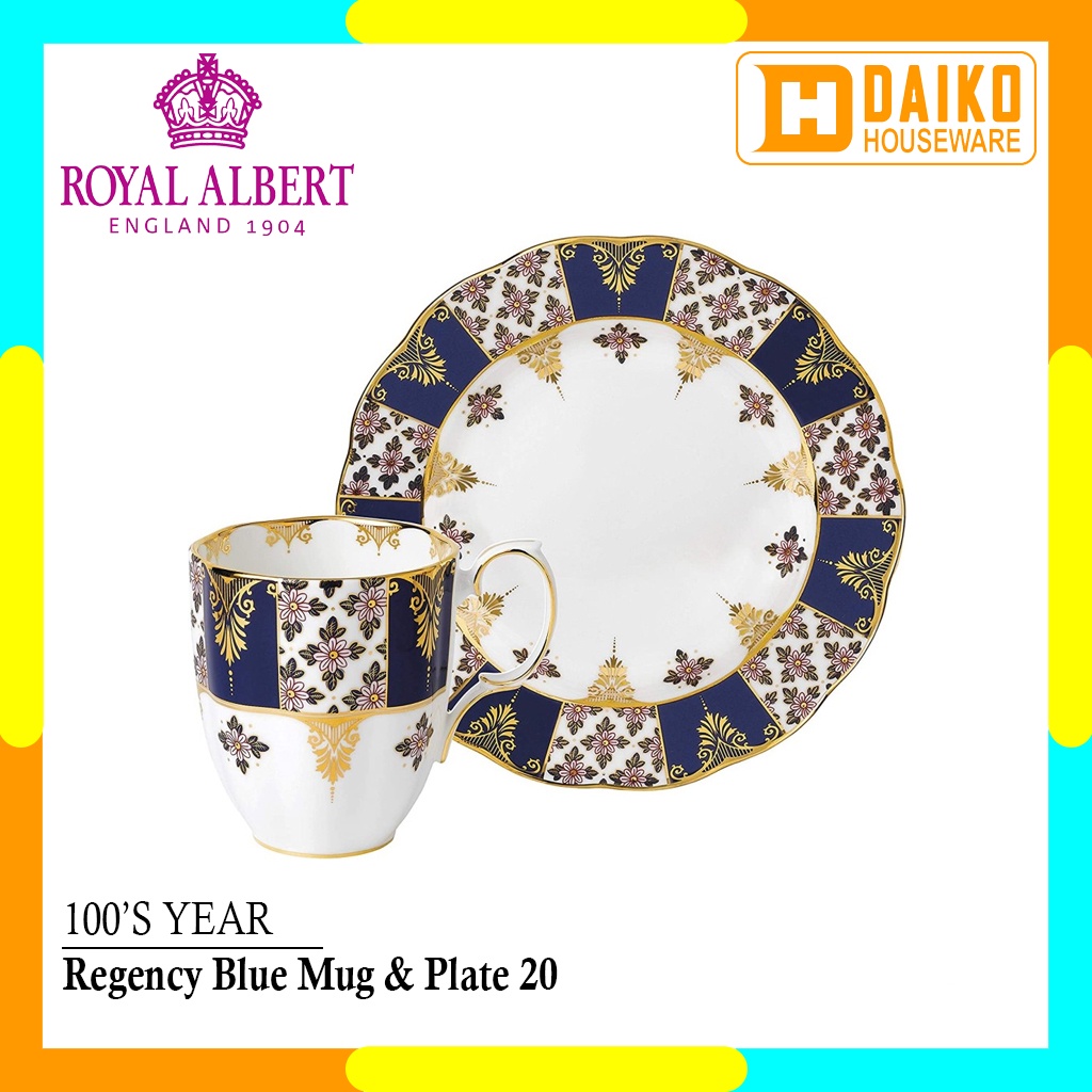 Gelas Minum Royal Albert 100s Year R/A - Mug &amp; Plate 20cm 1900 Regency Blue Original Royal Albert