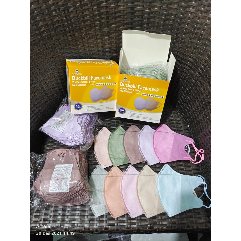 Masker Duckbill CAREION Vintage Colour Warna Face Mask Disposable Non-Woven 3ply with Earloop 1 Box 