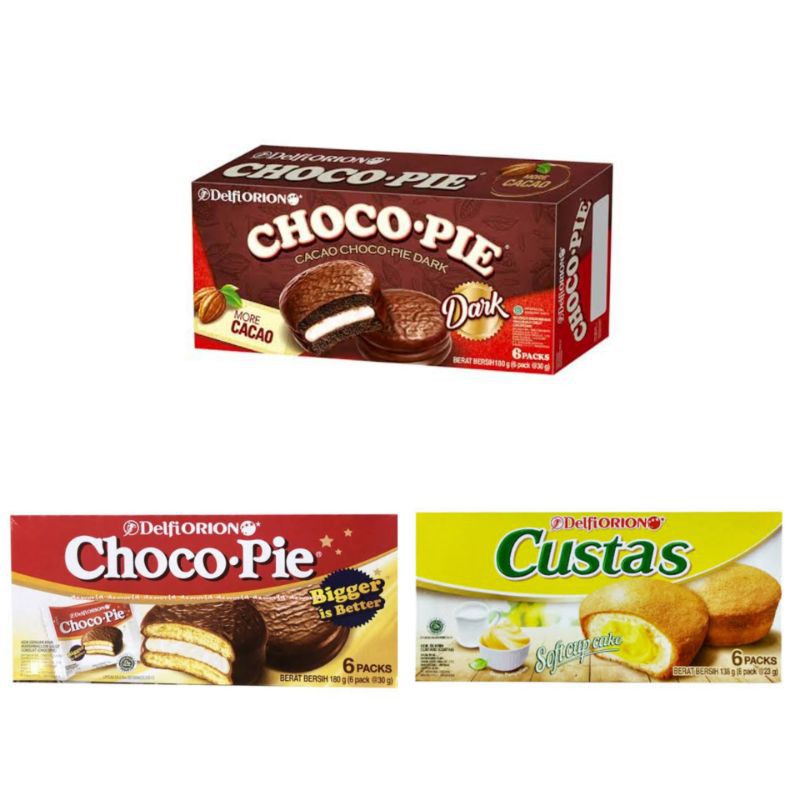 

DELFI ORION CHOCO PIE / DARK CHOCO PIE / CUSTAS ( isi 6 packs )