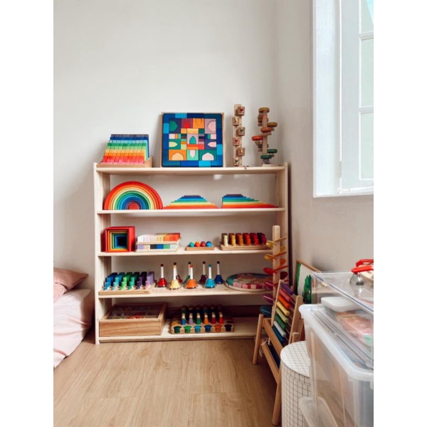 rak kayu,rak susun montessori,rak mainan montessori 4 susun