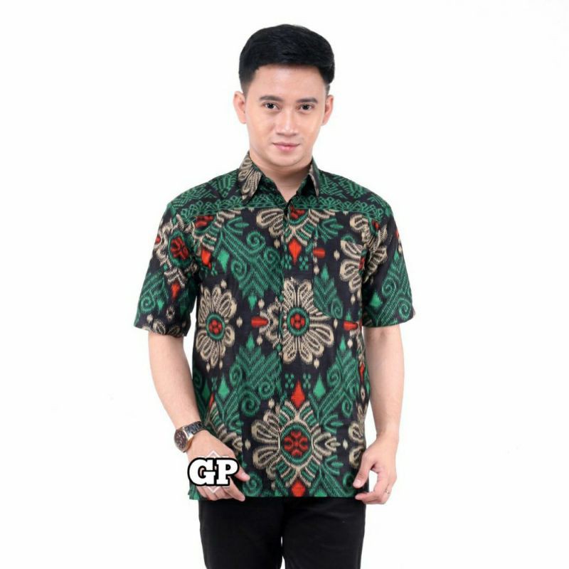 ATASAN BAJU BATIK PRIA COWOK KEMEJA HEM BATIK KERJA KANTOR MOTIF DAUN WARNA HIJAU BOTOL PENDEK