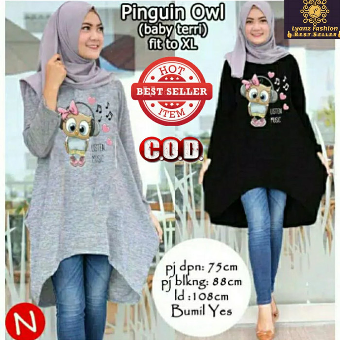 Tunik Pinguin Owl Murah Baju Hamil Kekinian Tunic Wanita Muslimah Hitam Shopee Indonesia