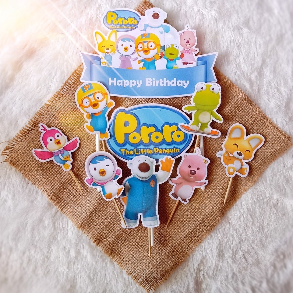 Hiasan / Topper Kue Ulang Tahun Anak Karakter Pororo Bisa Custom / Tambah Nama