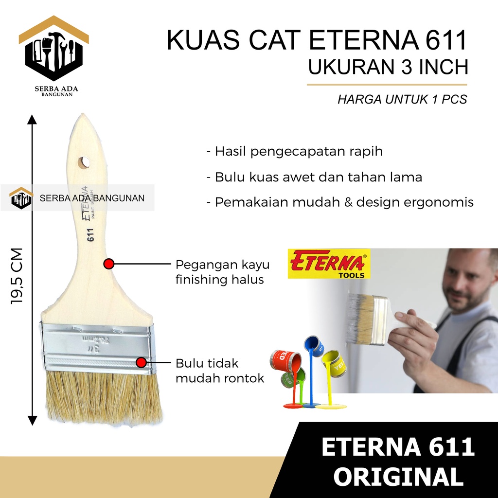 KUAS ETERNA 611 ASLI/ CAT TEMBOK BESI KAYU ASLI BULU KUAT FINISHING HALUS KAYU TRIPLEK MINYAK ROLL