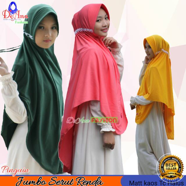 Jilbab kaos pinguin jumbo serut renda