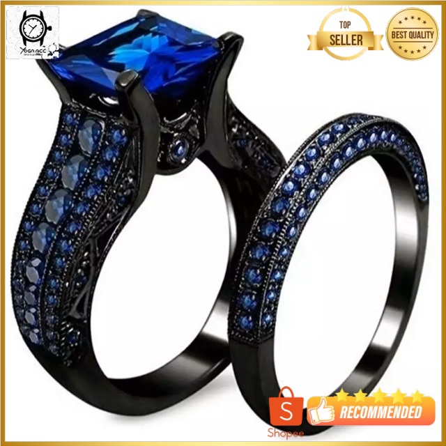 Cincin Couple Pria Wanita Double Ring Safir Black Platted High Quality Elegan Mewah