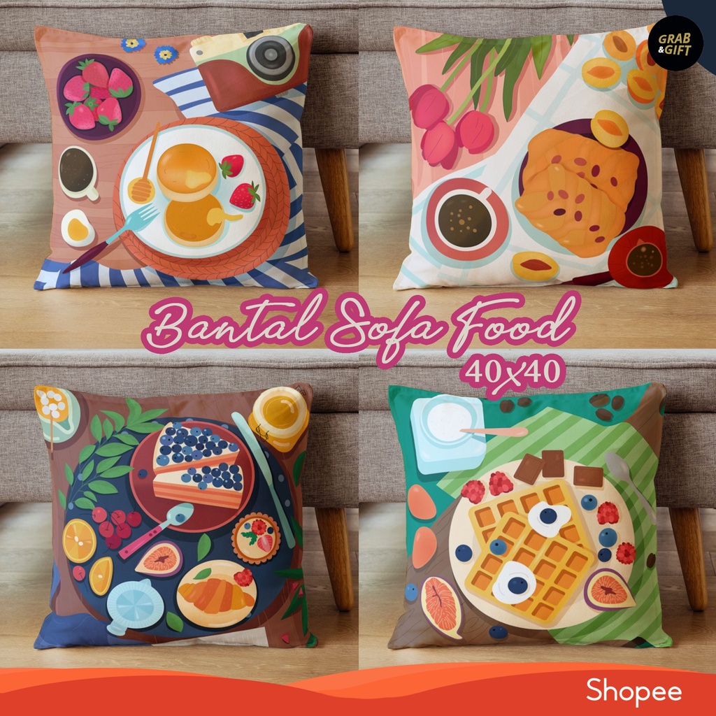 Bantal Sofa Motif Food Breakfast Cake 40x40 cm Bakery Kue Pancake Makanan Coffee