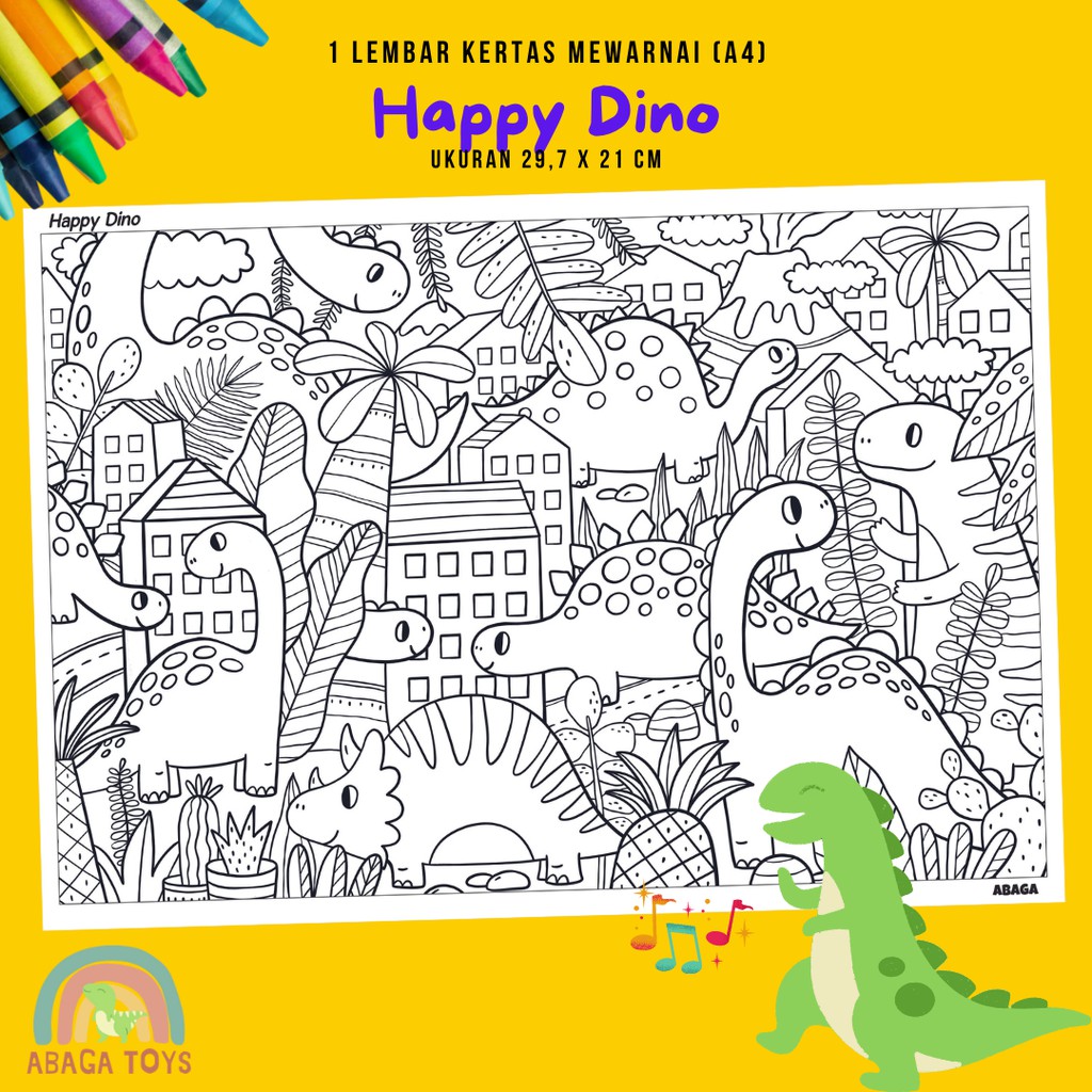 (Min Order 10Pcs) Kertas Gambar Mewarnai A4 - Latih Imajinasi, Kreativitas, Eksplorasi Warna (Coloring Page)-Happy Dino