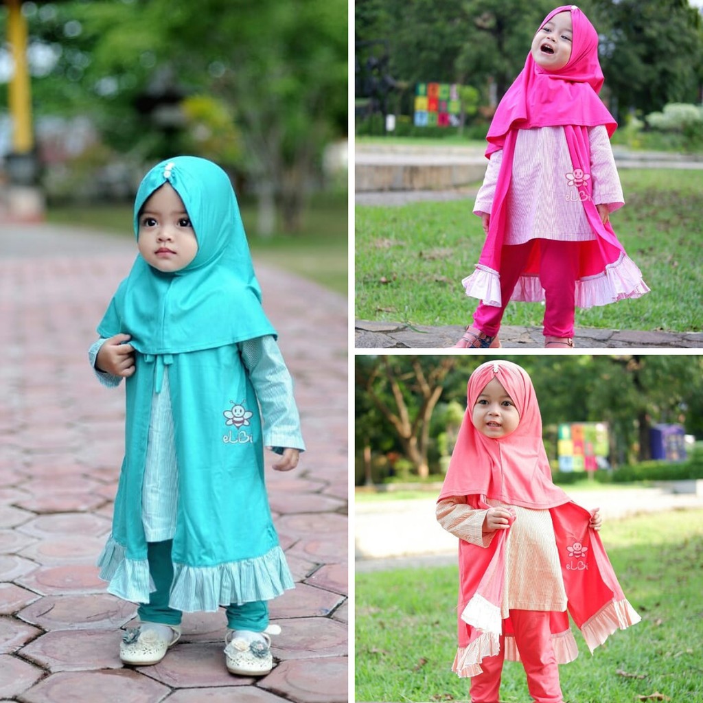 Setelan Baju Muslim Anak Perempuan - Pakian Muslim Anak Perempuan - Baju Kaos Anak Perempuan - Olive