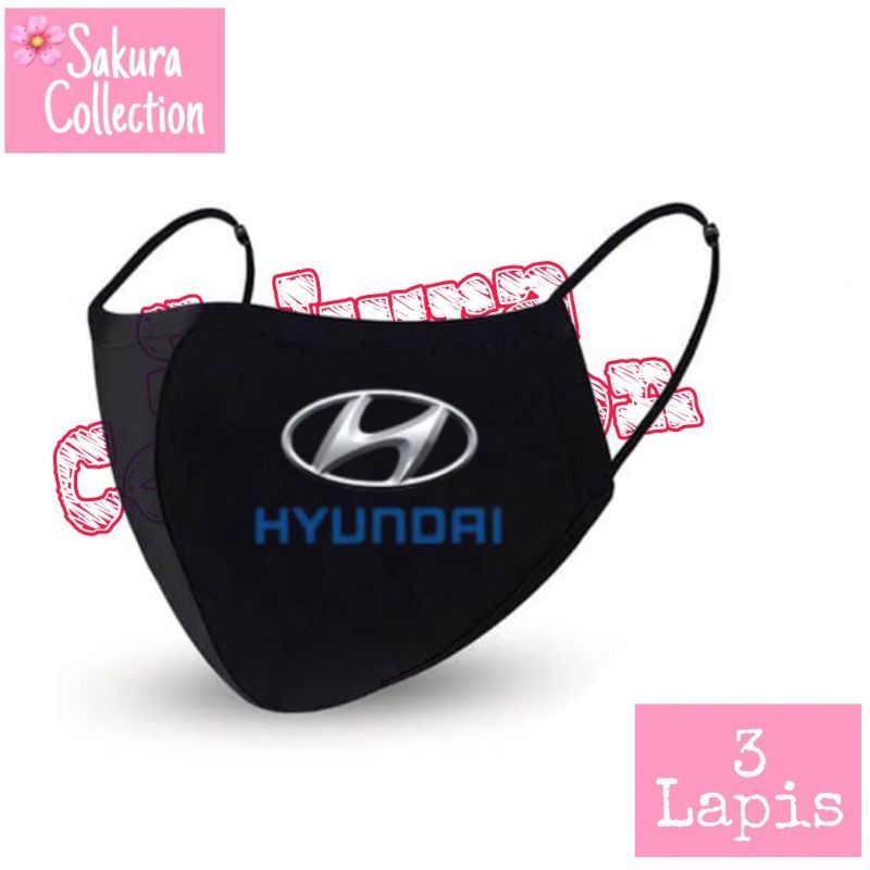 Masker logo mobil HYUNDAI - Masker hitam 3PLY kain 3 lapis / 3 ply earloop headloop / masker KN95