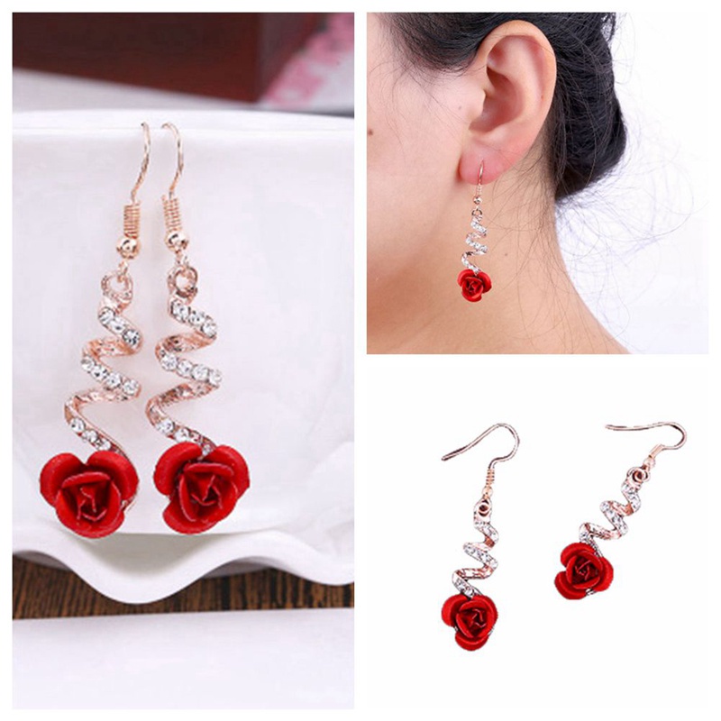 Fancyqube Anting Menjuntai Bentuk Mawar Merah Spiral Untuk Perhiasan Wanita