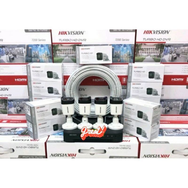 PAKET CCTV HIKVISION 4CHANEL 4KAMERA OUTDOOR 1080P 2MP KOMPLIT