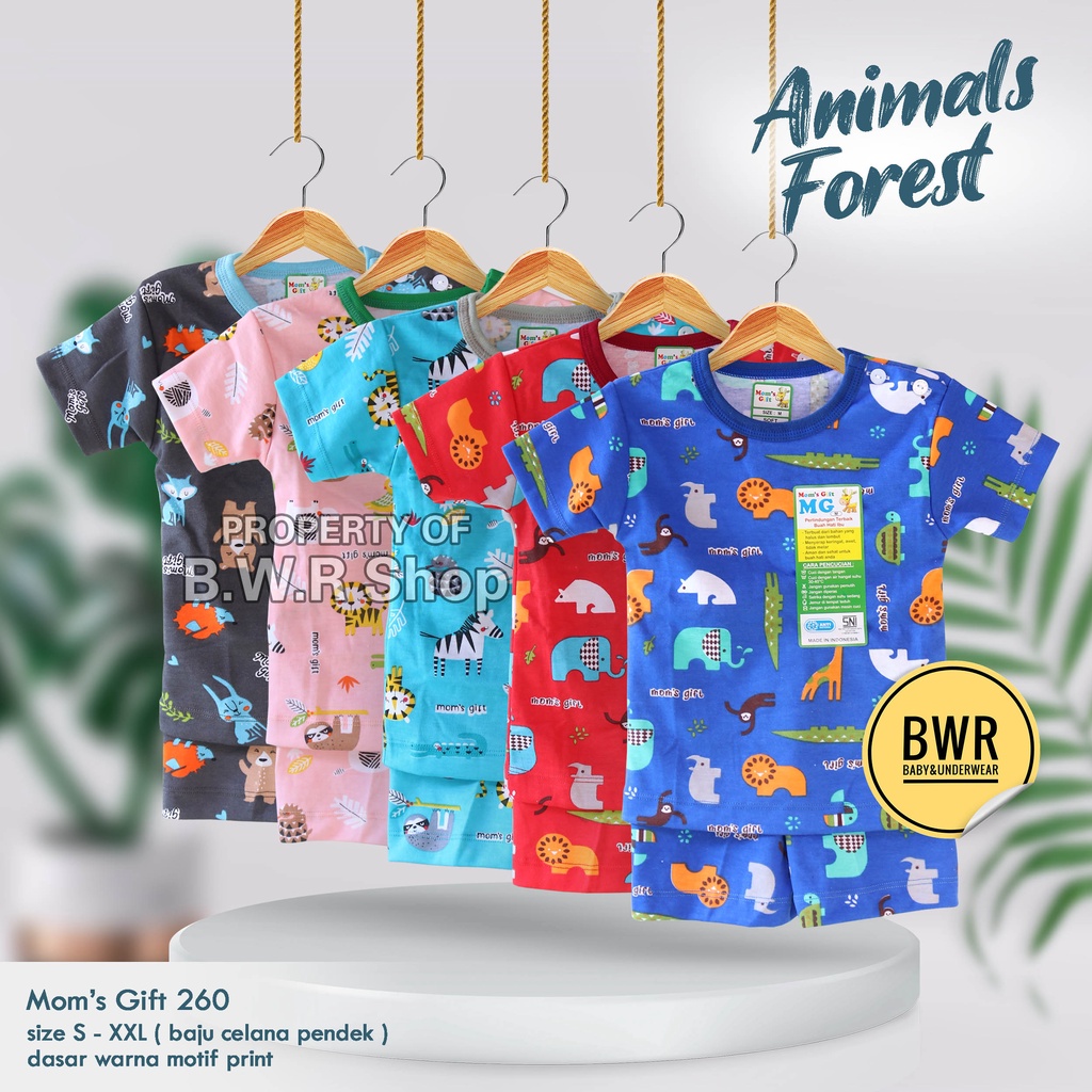 Setelan Moms Gift PENDEK Animals Forest and Elephant / Piyama Anak Unisex Kancing Pundak Mom's Gift Motif | Bwr