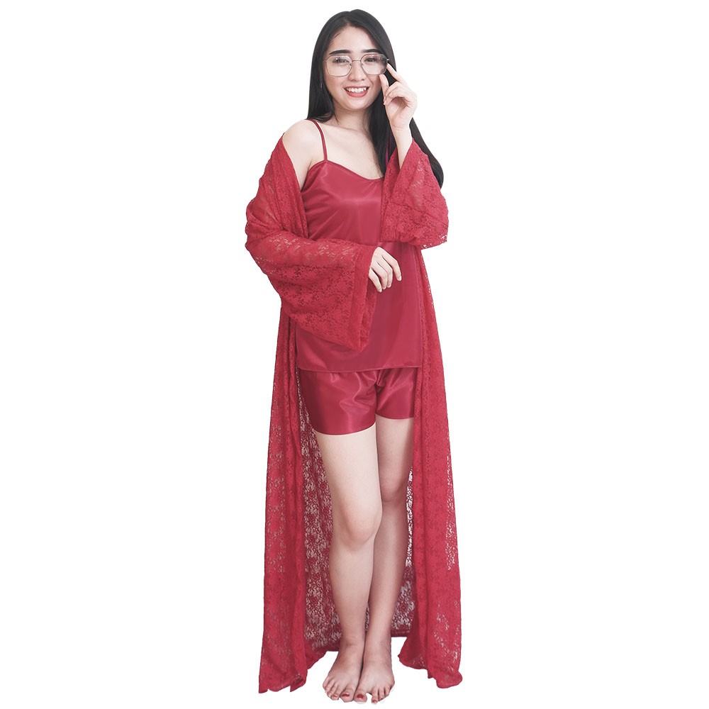 FOLVA kimono tidur set tanktop celana satin 1497MSET maron all size