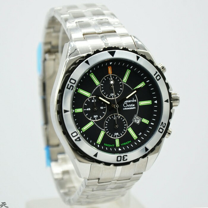 Best Seller Jam tangan Pria ALEXANDRE CHRISTIE AC 9214 PRIA SPORTY NIGHT VISION SILVER BLACK ORI