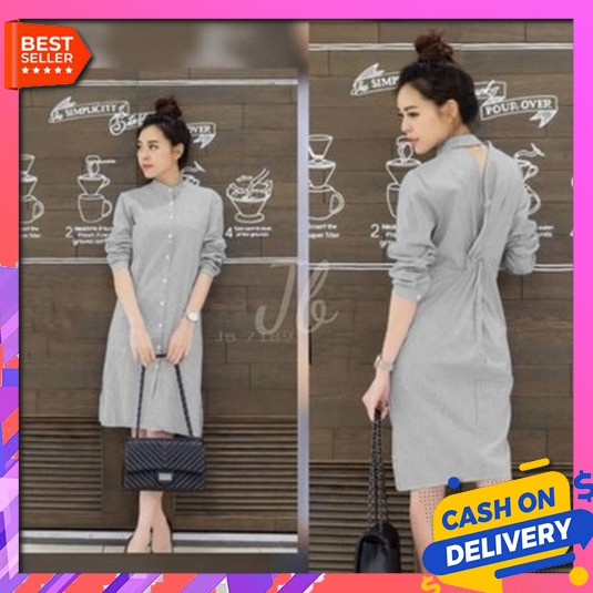 Midi Dress Ceruty Kerah Korea [Beauty Stripe Ve]Dress Wanita Katun Stripe - Hitam
