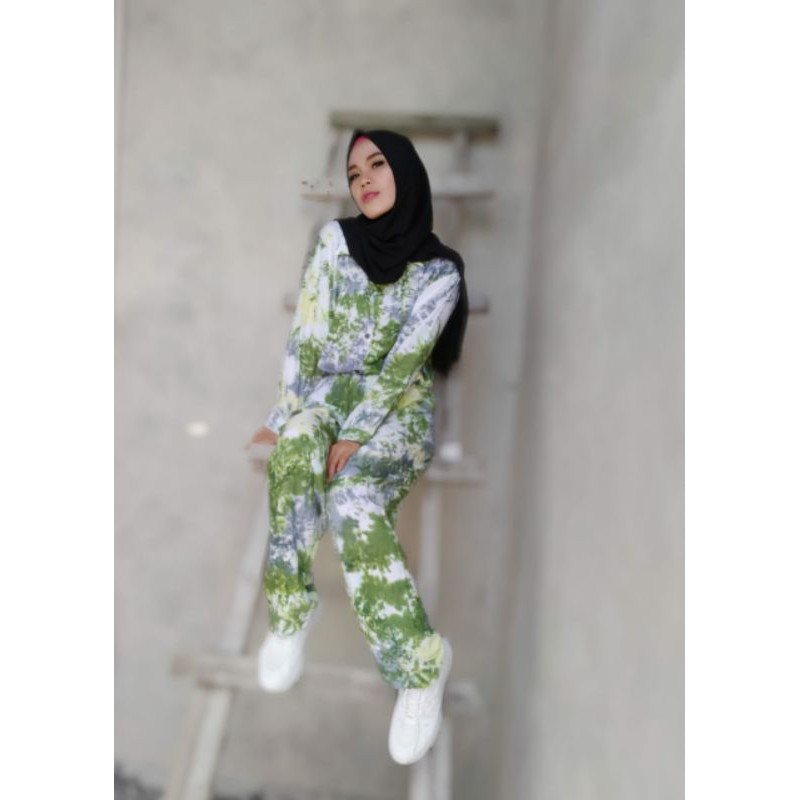 One Set kemeja tiedye lengan panjang