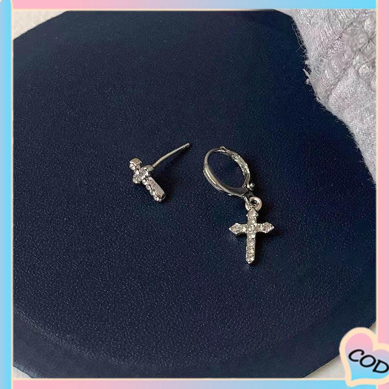 COD❤️ Anting Stud Asimetris Desain Salib Aksen Berlian Kilau-A.one