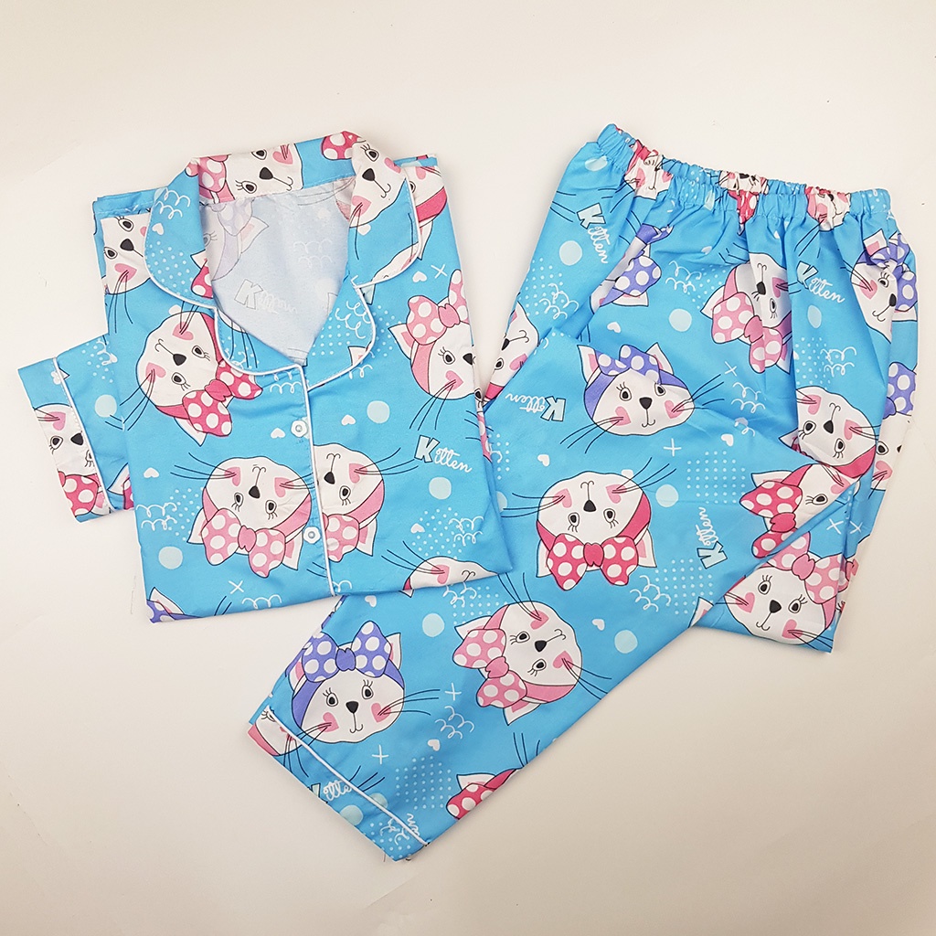 Stelan Baju Tidur Piyama Dewasa Lengan Panjang All Size Motif Lumina-PPL KITTEN BLUE