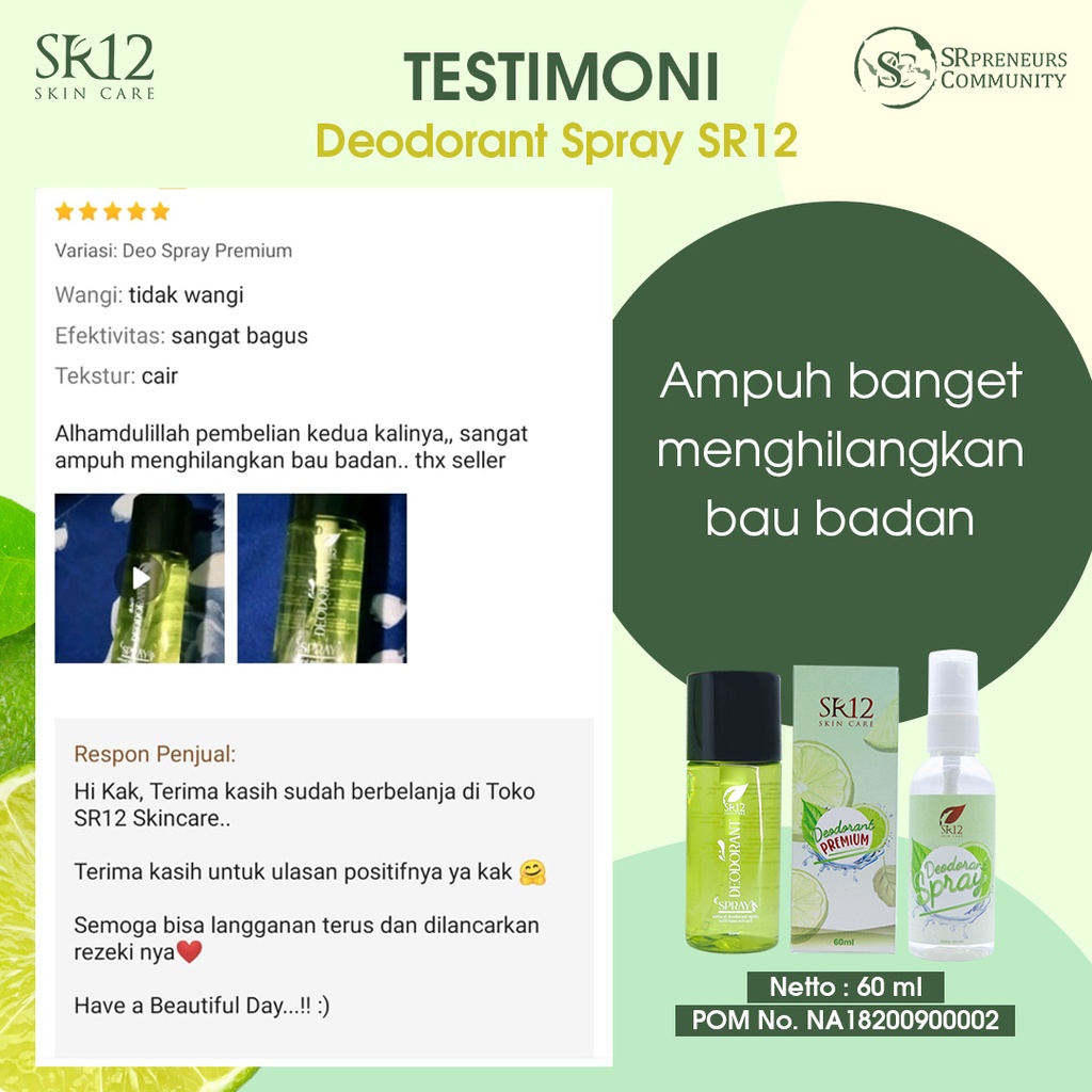 DEODORANT SPRAY PREMIUM SR12 60 ML / TAWAS CAIR / PENGHILANG BAU BADAN / ANTI BAKTERI