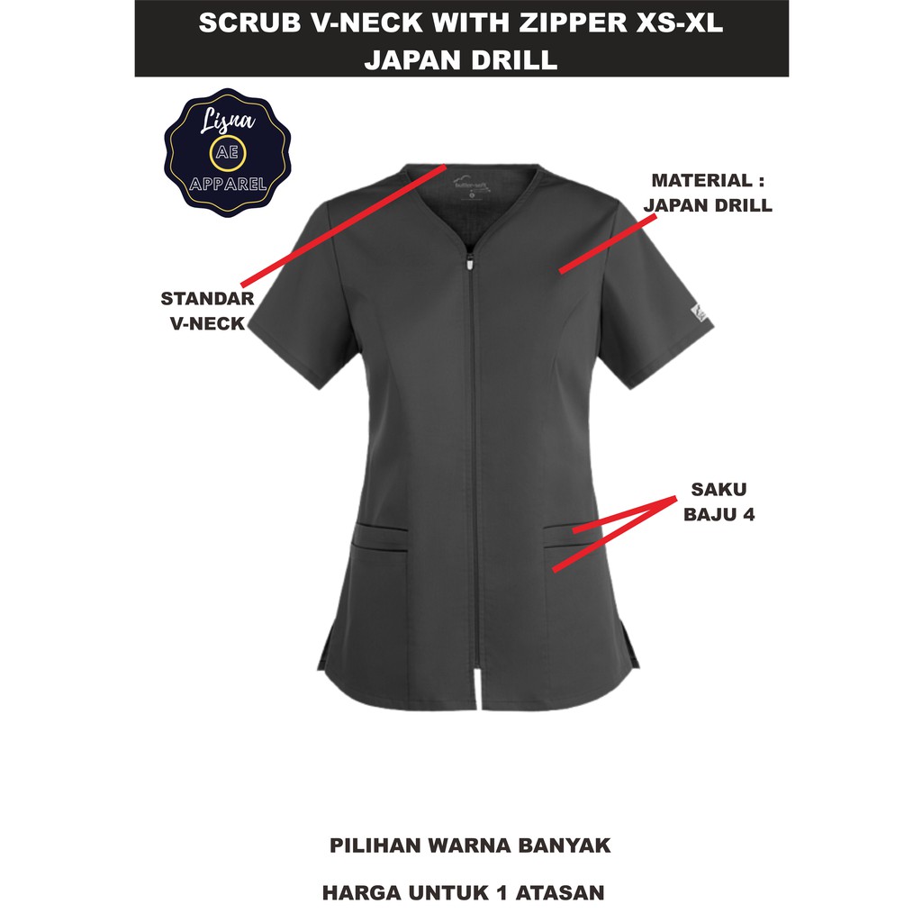 Atasan Baju Jaga Medis Scrub APD OKA 4 Saku Japan Drill With Zipper XS-XL