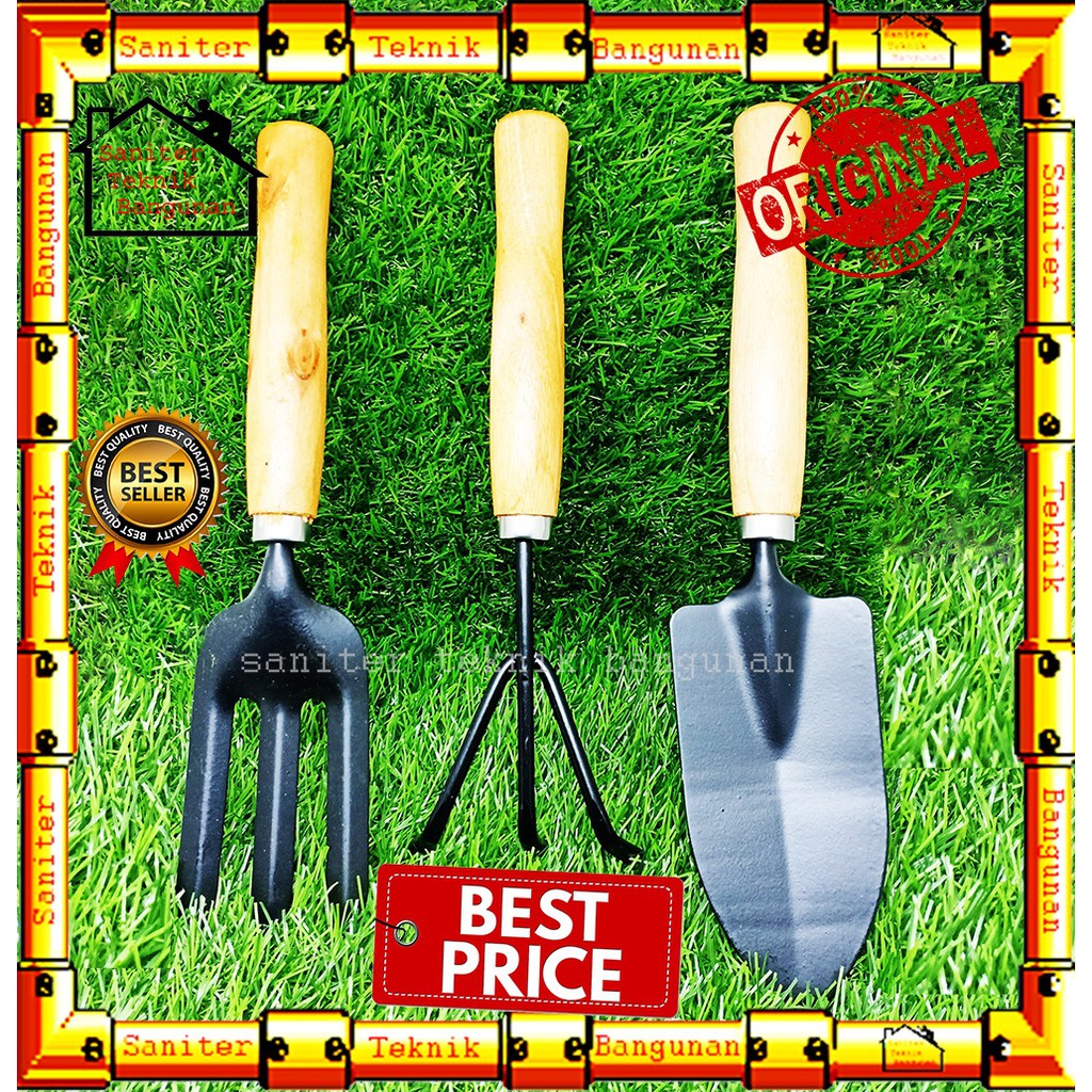 ALAT BERKEBUN SET 3 PCS BESAR GAGANG KAYU-GARDEN TOOLS-ALAT KEBUN-SEKOP GARPU GARUKAN