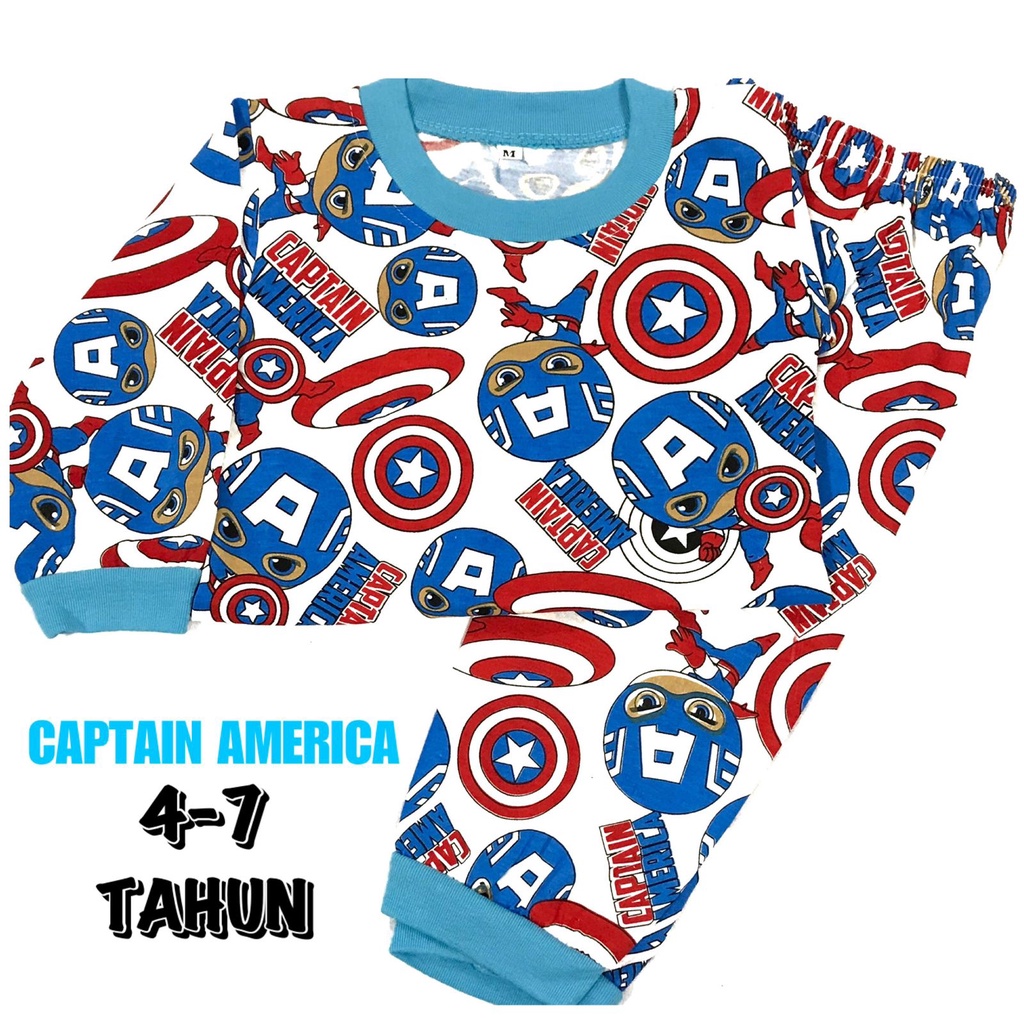 (1 KG MUAT 6 STEL) BAJU TIDUR ANAK KIDS LAKI-LAKI/COWOK SETELAN/STELAN BAHAN KAOS KATUN 4-7 TAHUN CAPTAIN AMERICA/KAPTEN AMERIKA/HERO