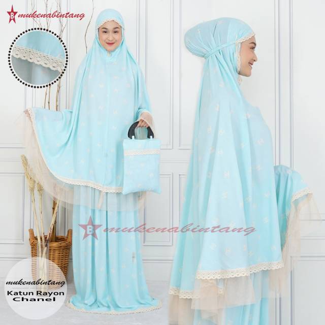 Mukena Chanel renda rempel bahan katun sutra import