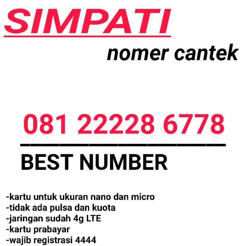 KARTU PERDANA NOMOR CANTIK SIMPATI TELKOMSEL 4G 22228 6778