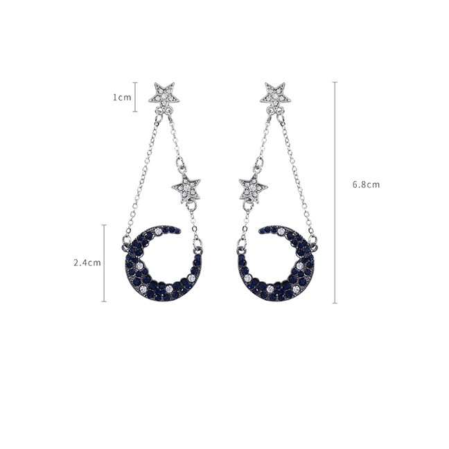 LRC Anting Tusuk Fashion Silver Blue Diamond Inlaid Tassel 925 Silver Needle Lucky Star Moon Stud