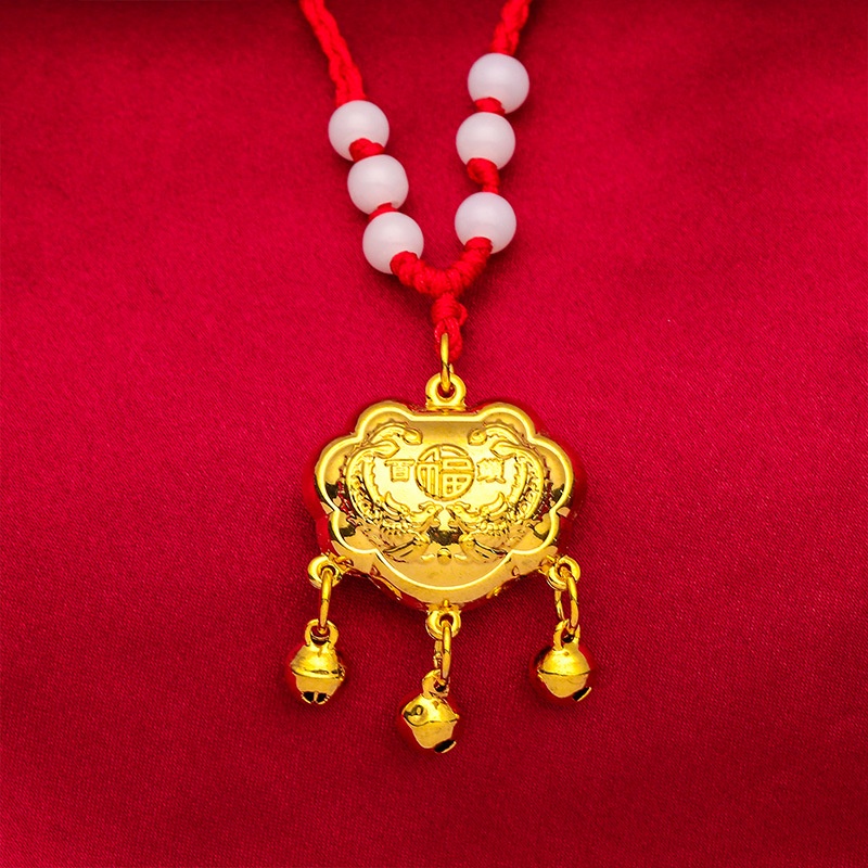 Kalung Lapis Emas Asli Kadar 375 Dengan Liontin Fortune Lock Fortune Naga Dan Phoenix Untuk Bayi