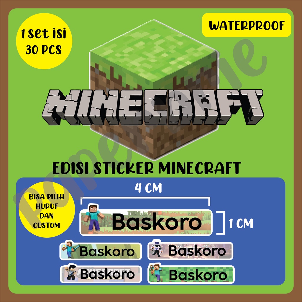 Stiker nama anak waterproof minecraft stiker buku pelajaran stiker pensil pinsil sticker nama anak minecraft mine craft