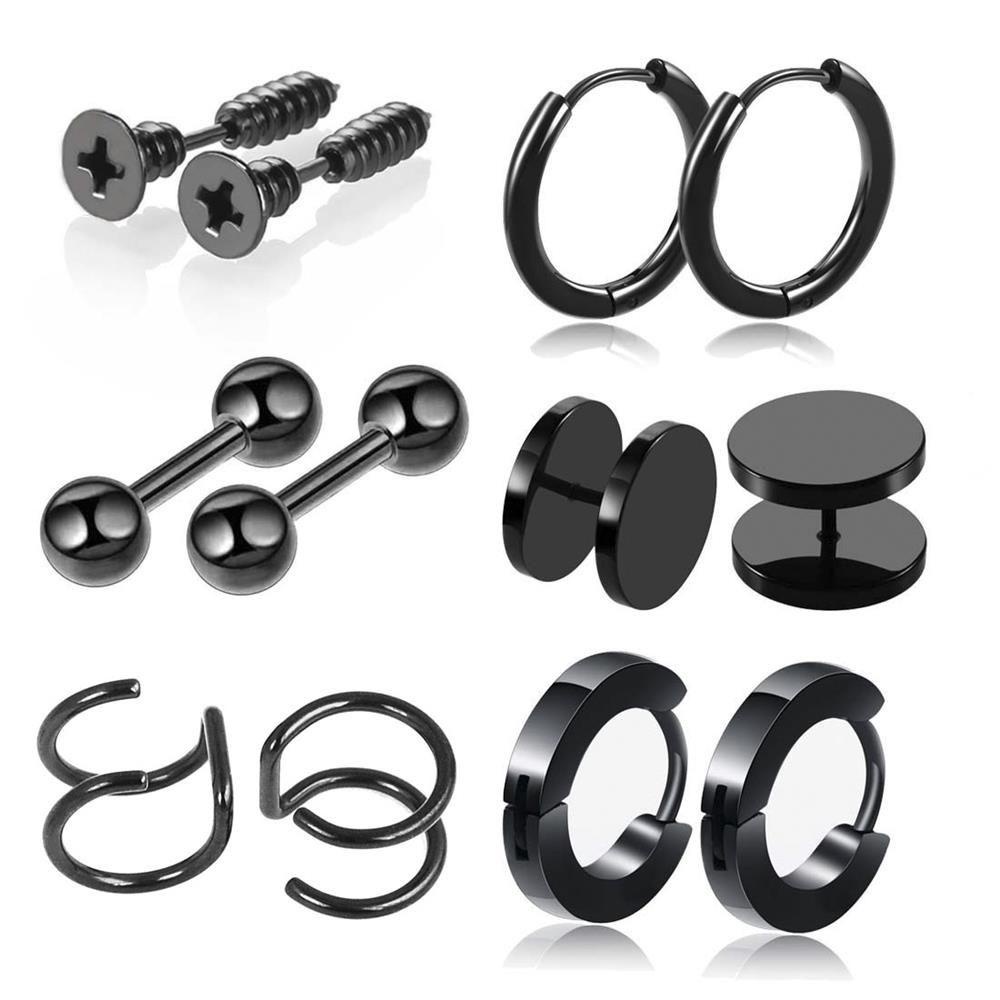 Preva 6pasang/Set Anting Set Wanita Pria Gothic Barbel Bar Stainless Steel Perhiasan Tindik Tubuh Tragus Earrings Hitam Dumbbell Stud