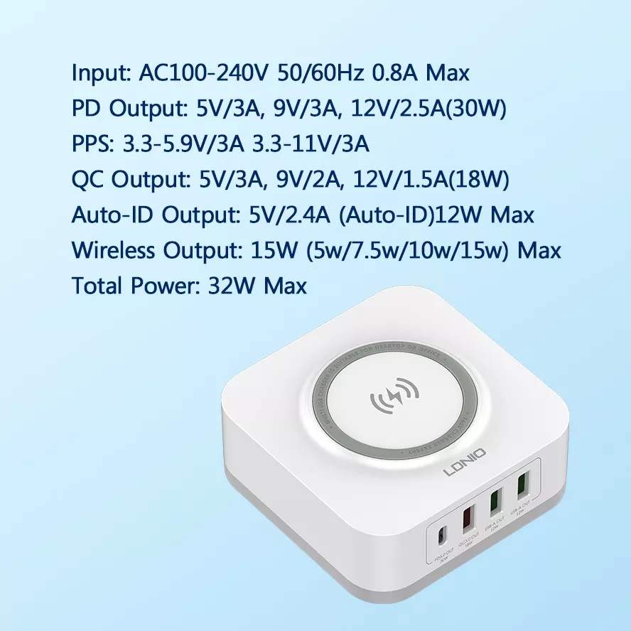 LDNIO AW004 - 32W Desktop Wireless Charger - 4 USB Support PD QC 3.0 - Charger Universal 4 USB Port dan Wireless Charger