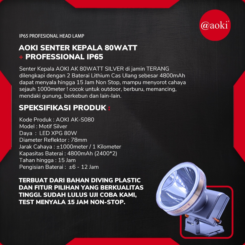 Termurah - Senter Kepala Aoki Ak-S080 IP65 80 watt | Headlamp Outdoor 80 Watt Aoki Ak s080 Cahaya Putih 80 watt | Senter Kepala LED Charger Super Terang Aoki Ak-S080 | FMS