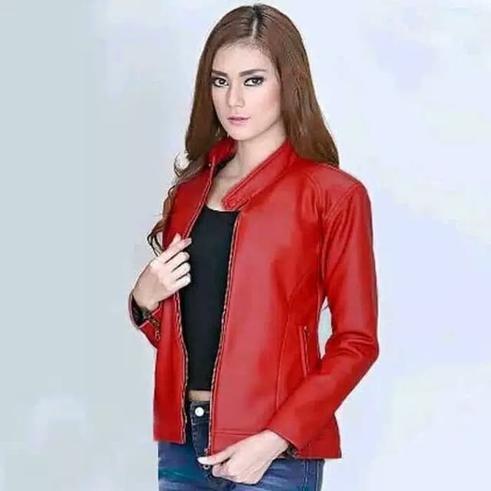 【Pasti Murah】 Jaket Kulit Motor Wanita Fashion Jaket Slimfit Cewek Casual Original - Merah M Promo