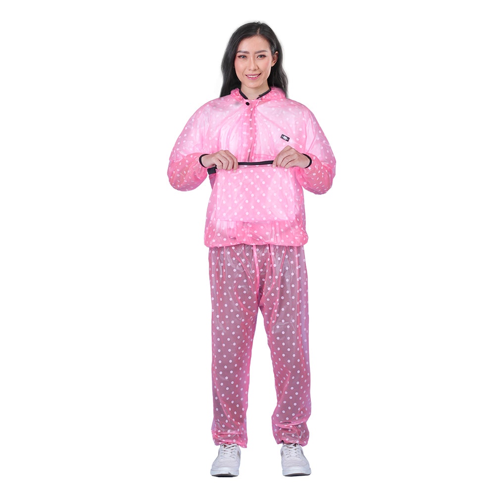 Toko Thabita - Jas Hujan Polkadot Wanita Setelan Jaket Celana Warna Pink