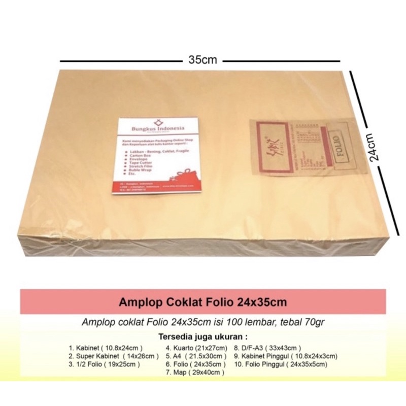 ( Pak 100 Pc ) KRAFT BROWN ENVELOPE - AMPLOP COKLAT POLOS KABINET / SUPER KABINET / KWARTO / A4 / FOLIO / SUPERMAP / MAP