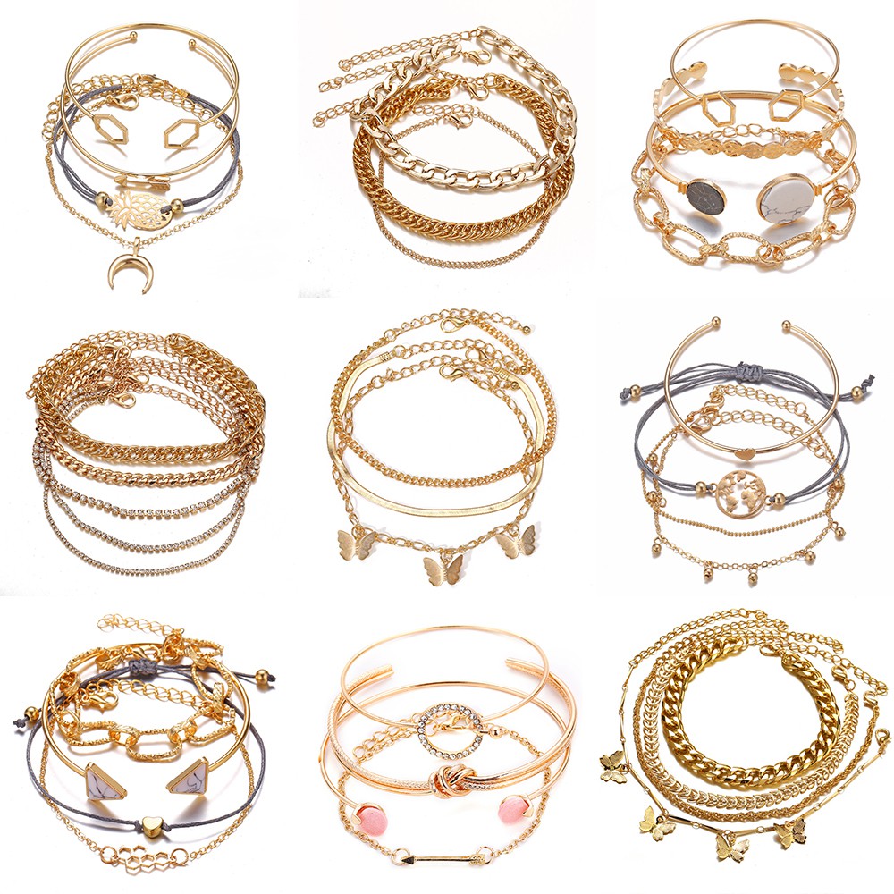 Gelang Manik-Manik Multilayer Warna Emas Aksen Bintang Dan Bulan Gaya Vintage Untuk Wanita